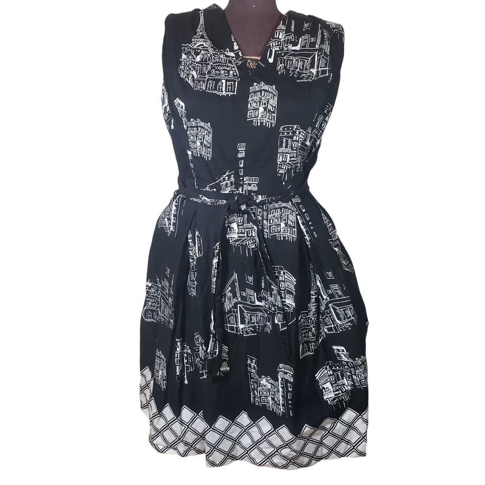 London Times Dress 14 Black Sleeveless Drawings of City Tie Stretch
